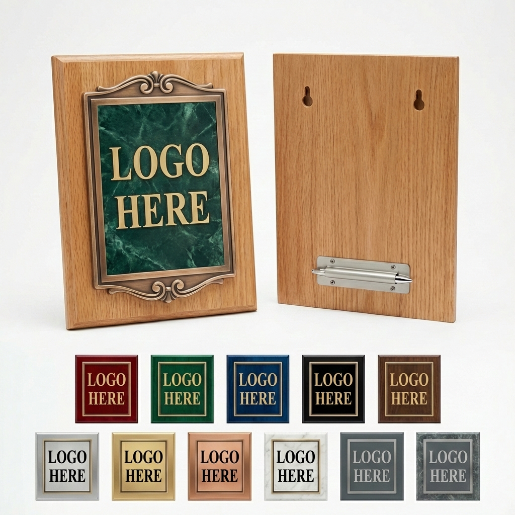 Custom Green Marble-Textured Honor Plaque on Wooden Base